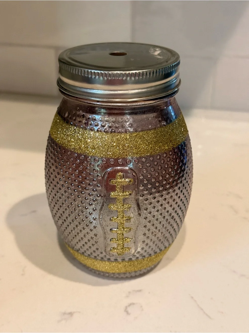 Glitter Football Mason Jar Drinking Glass – 20 oz